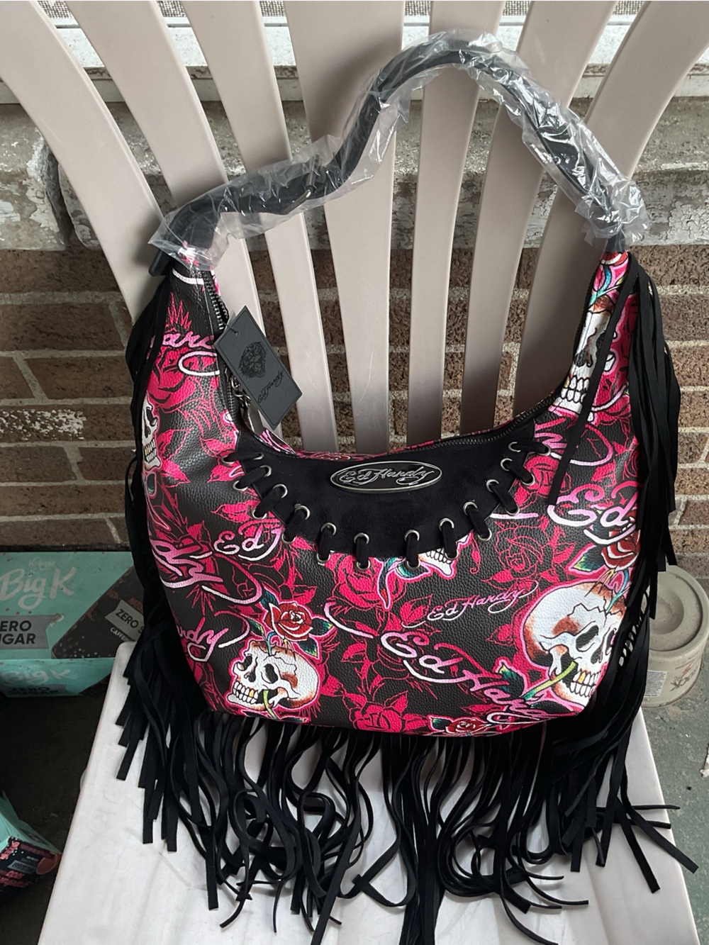 Ed Hardy Pink Floral Skull Fringe Hobo Bag NWT